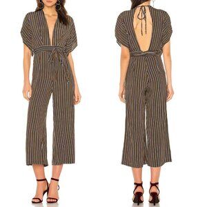 Faithfull the Brand Cedric Jumpsuit Gold Stripe Plunging Neckline, XS US 2 AUS 6